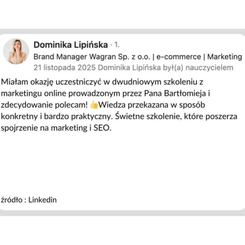 opinia dominiki lipińskiej z firmy Wagran na temat szkolenia SEO prowadzonego przez Bartłomieja Lewickiego