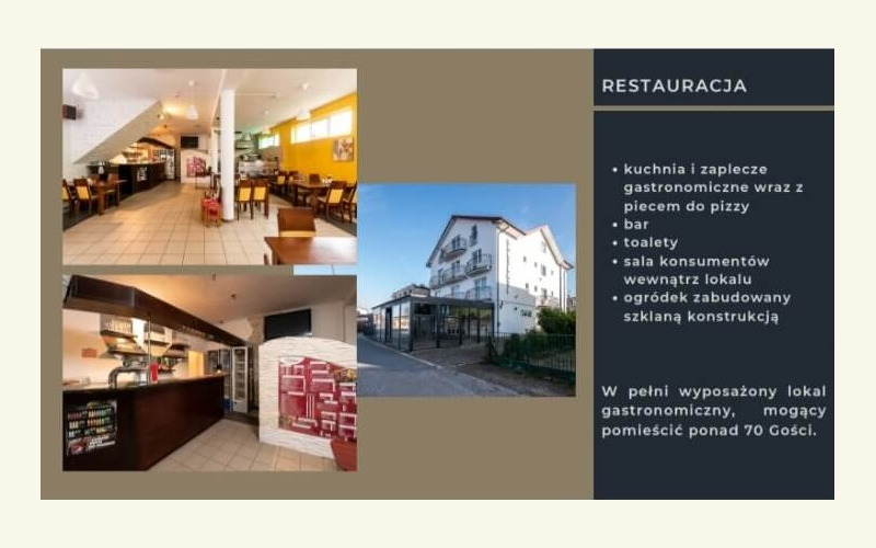 Restauracja z zapleczem oraz kuchnią, zaopatrzona w piec do pizzy. Ogródek zabudowa szklaną konstrukcją. Lokal może obsłużyć ponad 70 gości.
