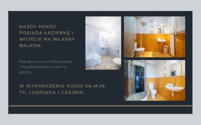 Każdy pokój posiada łazienkę oraz balkon. Pokoje w pełni wyposażone w czajnik, tv, lodówka.