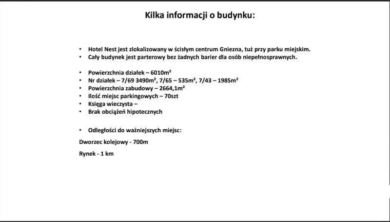 Hotel Nest jest zlokalizowany w centrum Gniezna. Budynek parterowy - bez barier dla niepełnosprawnych.