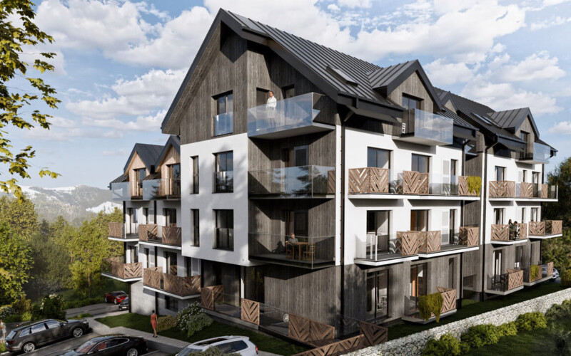 Widok na apartamentowiec w Szklarskiej Porębie.