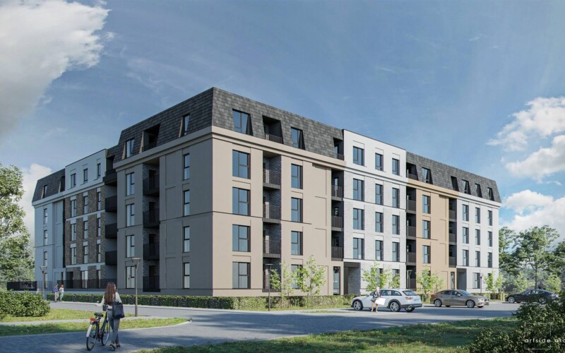 Frontowa elewacja inwestycji Młynówka - czterokondygnacyjny budynek mieszkalny. Zabudowa wielorodzinna w Jeleniej Górze.